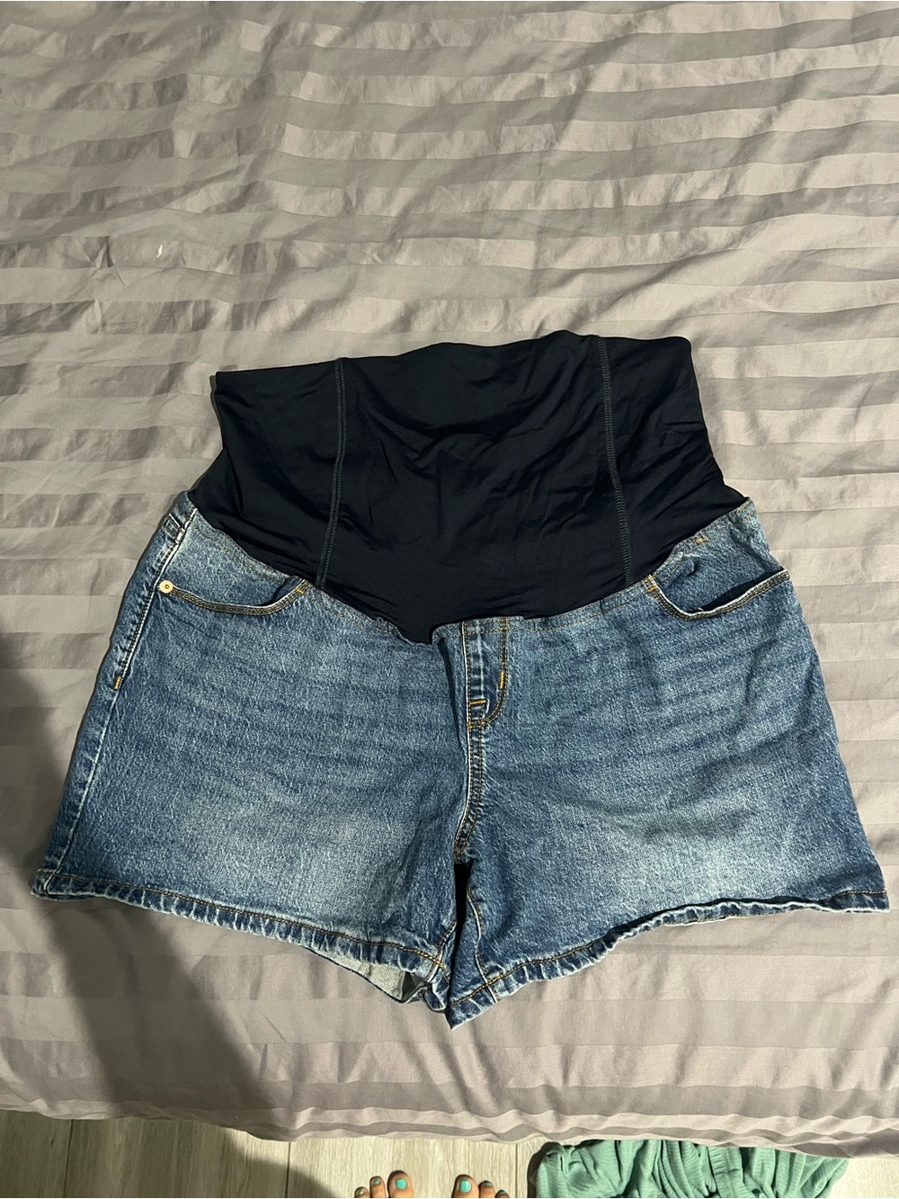 Isabel Maternity by Ingrid & Isabel Blue Denim Shorts with Black Waistband.
